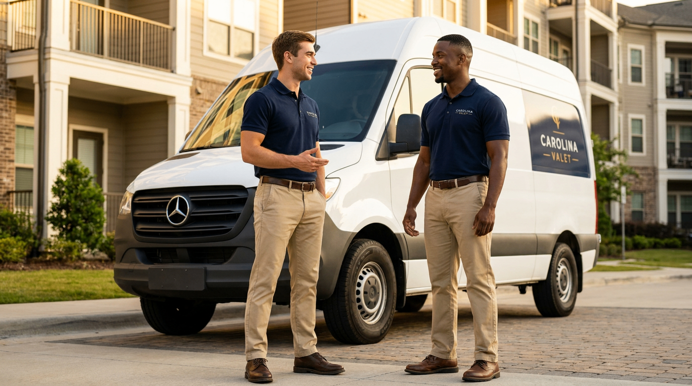 Carolina Valet uniformed team members with a branded service van at a Charlotte apartment community