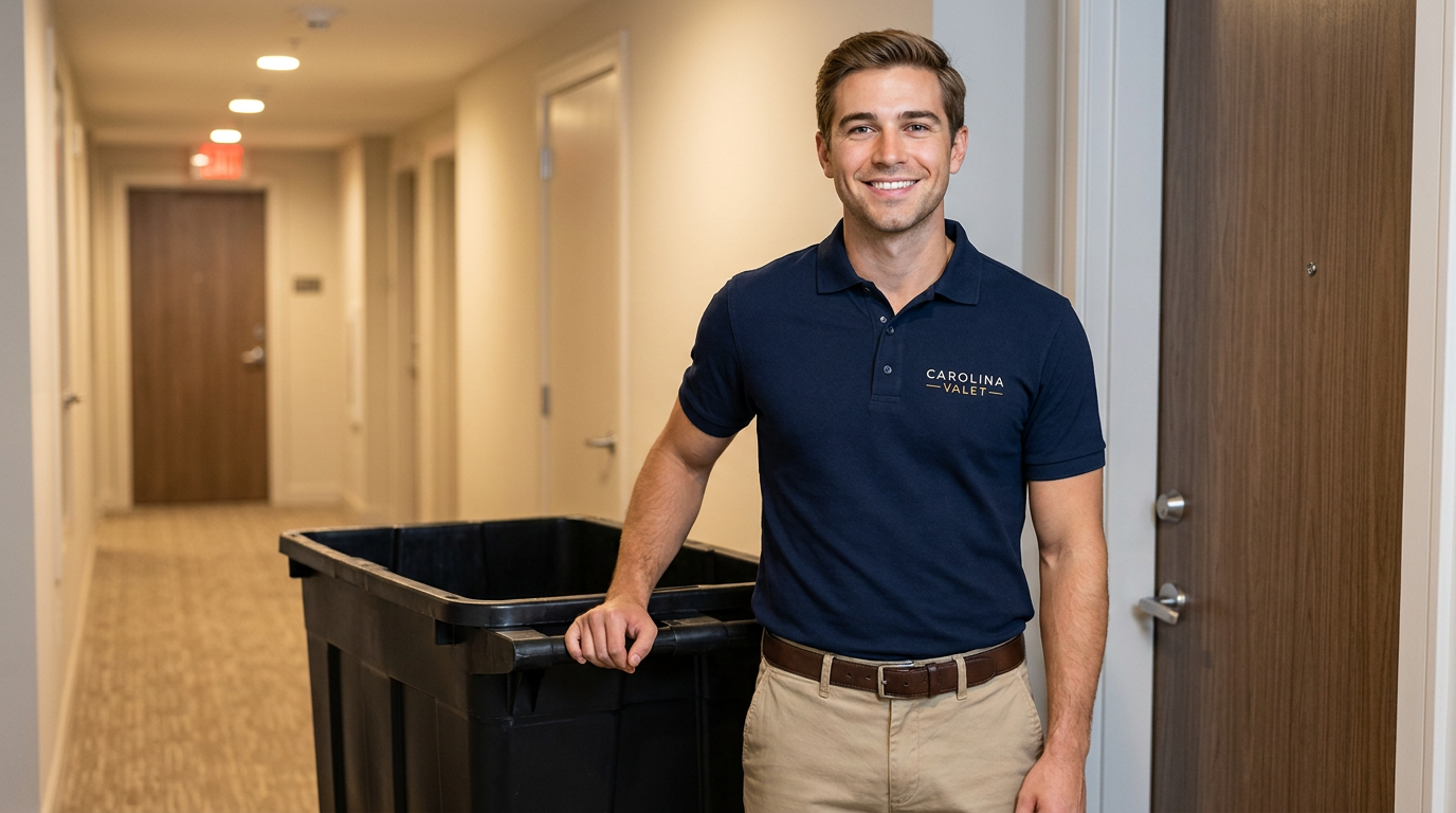 Uniformed Carolina Valet crew member in an apartment building hallway