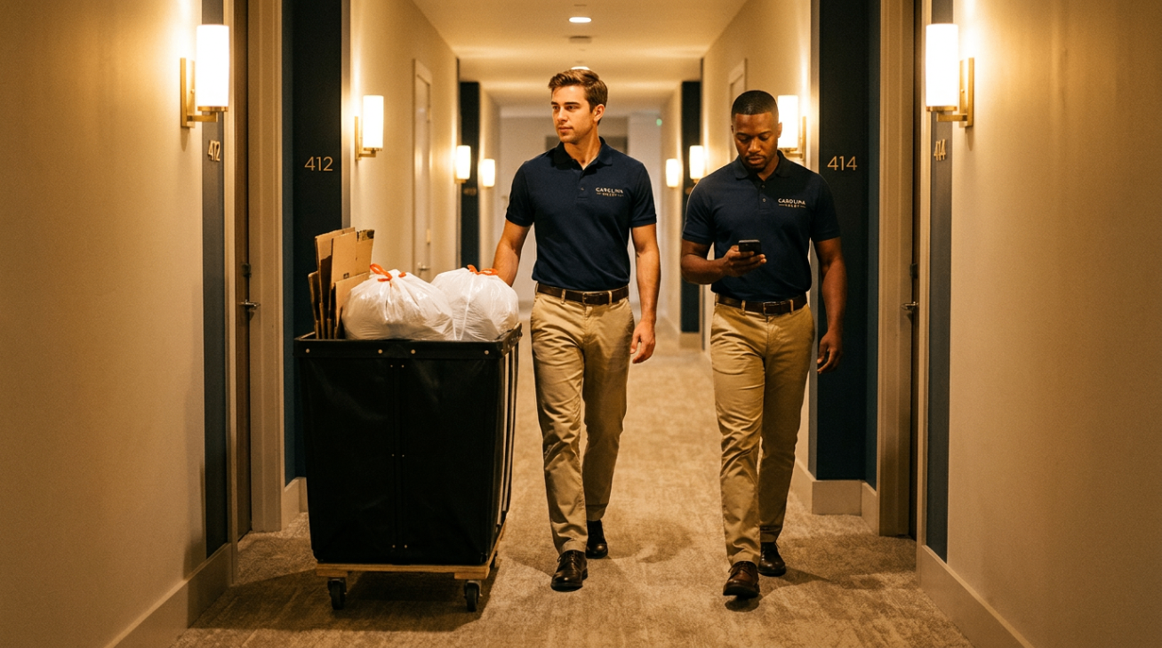 Carolina Valet crew running an evening trash route through an apartment building hallway