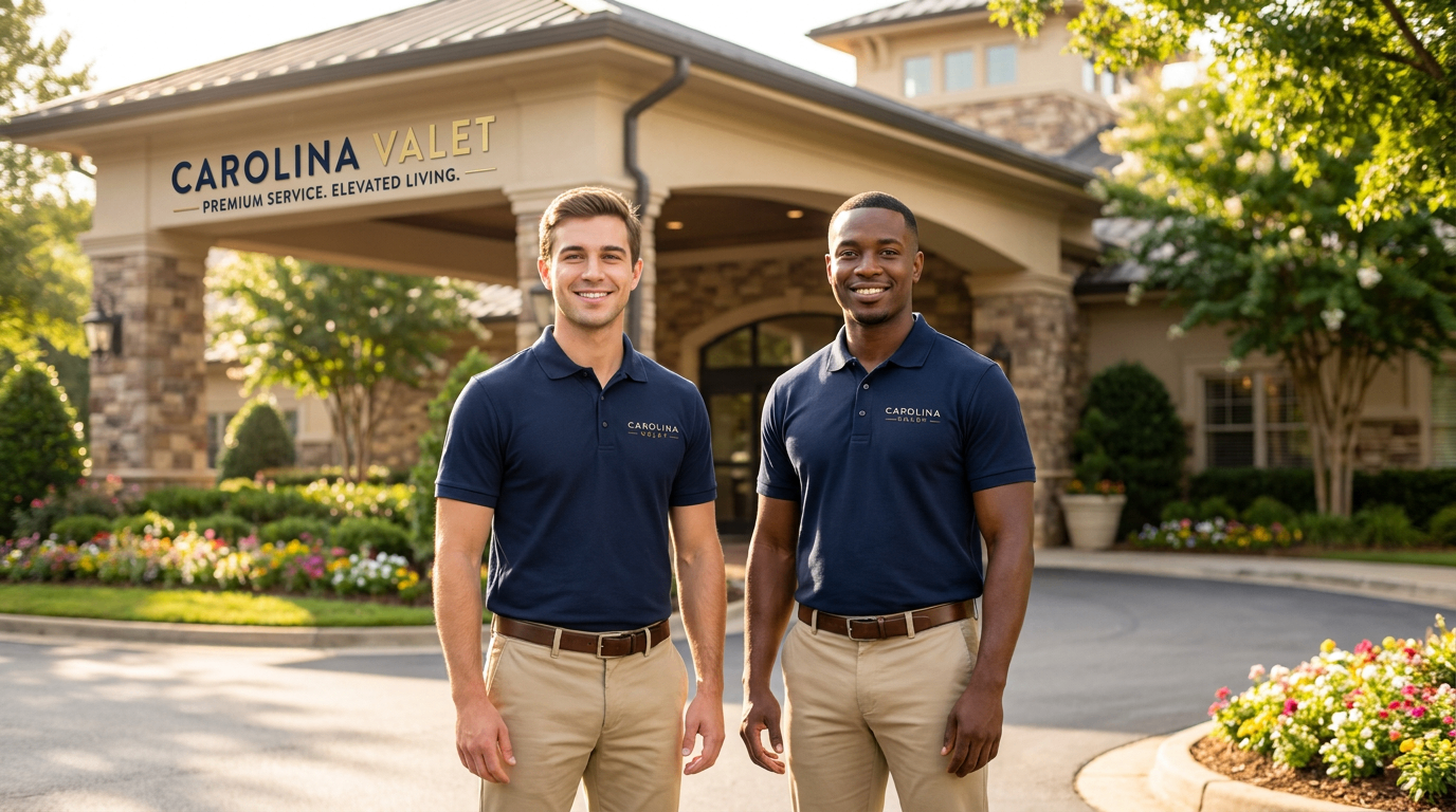 Carolina Valet crew standing in front of a Charlotte apartment community entrance